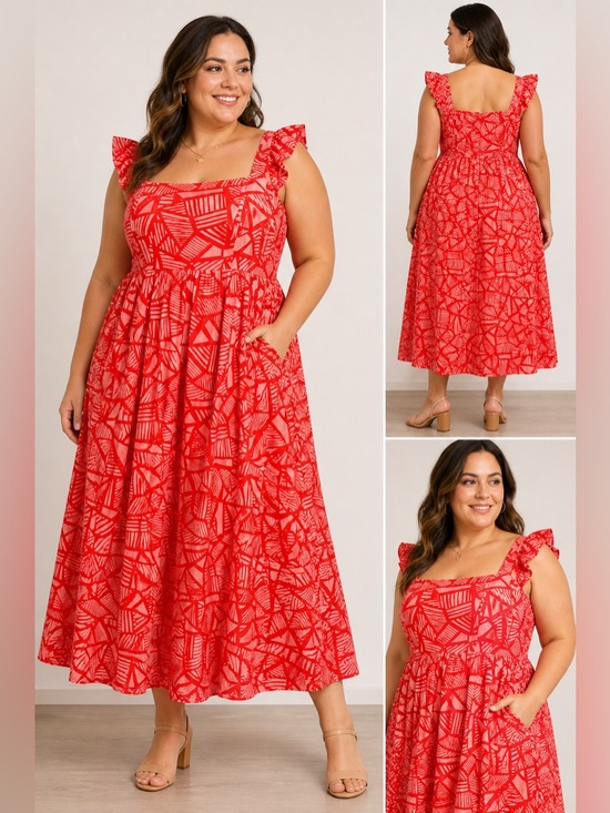Eloquii Dresses & Skirts - ELOQUII Coral Print Maxi Dress Size 16 Flutter Sleeve Fit Flare Flowy Dress